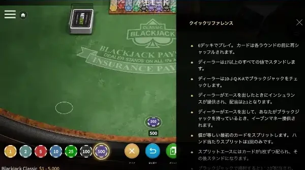 ブラックジャッククラシックのヒント機能
